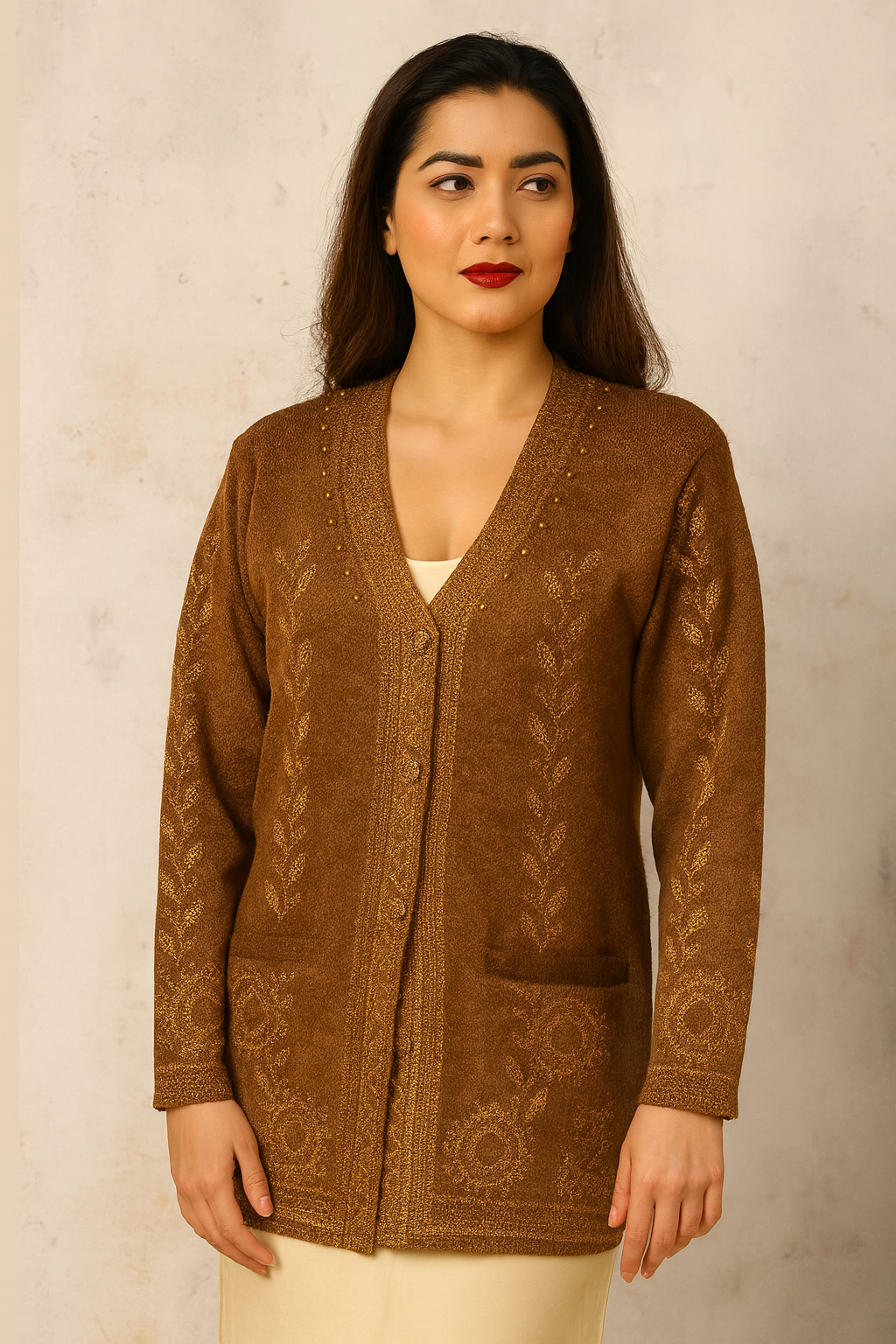 Golden Brown Wool Blend Cardigan | Full Sleeves with Handcrafted Floral Embroidery - Image 2