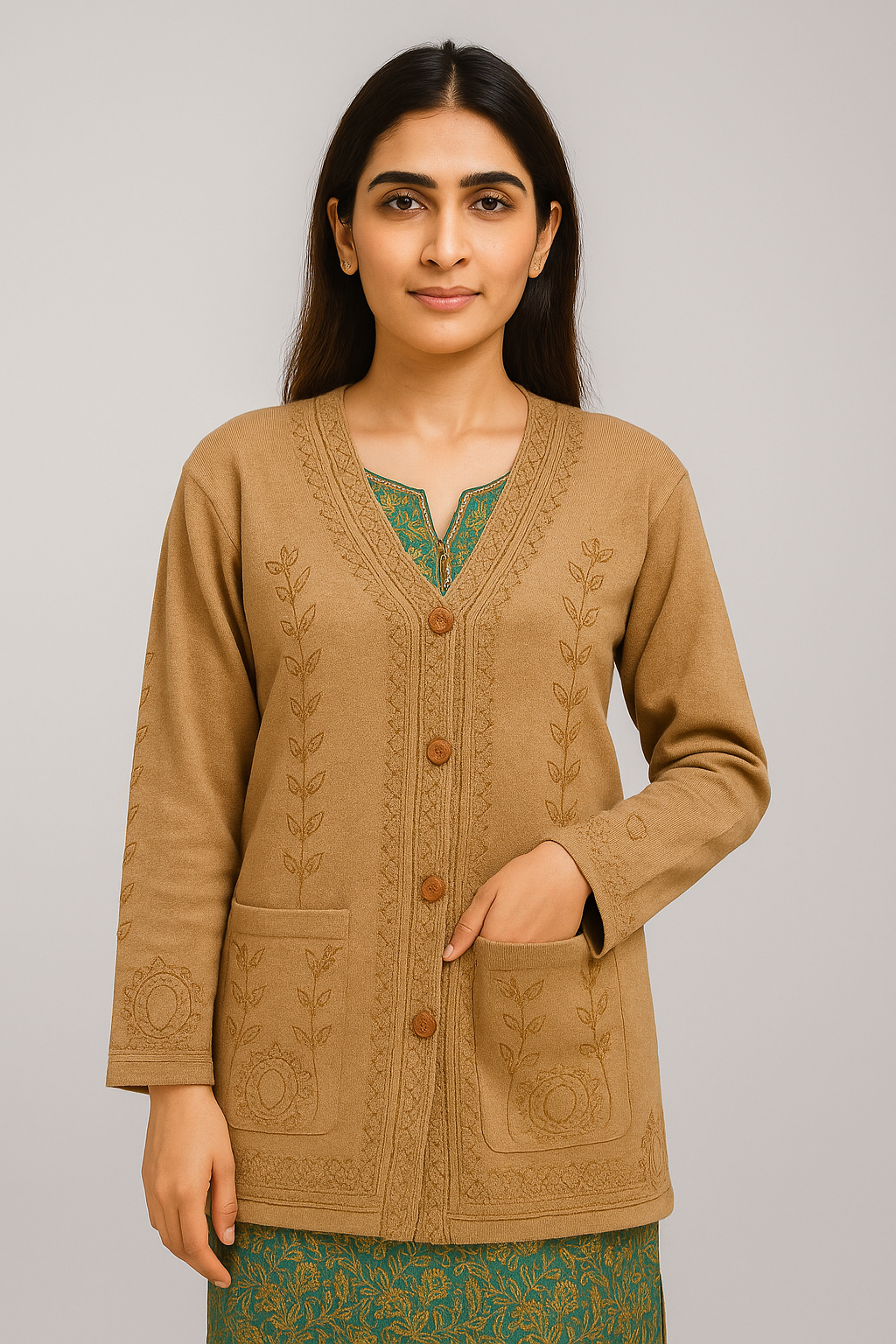 Elegant Light Brown Wool Cardigan | Full Sleeves with Golden Hand Embroidery - Image 2
