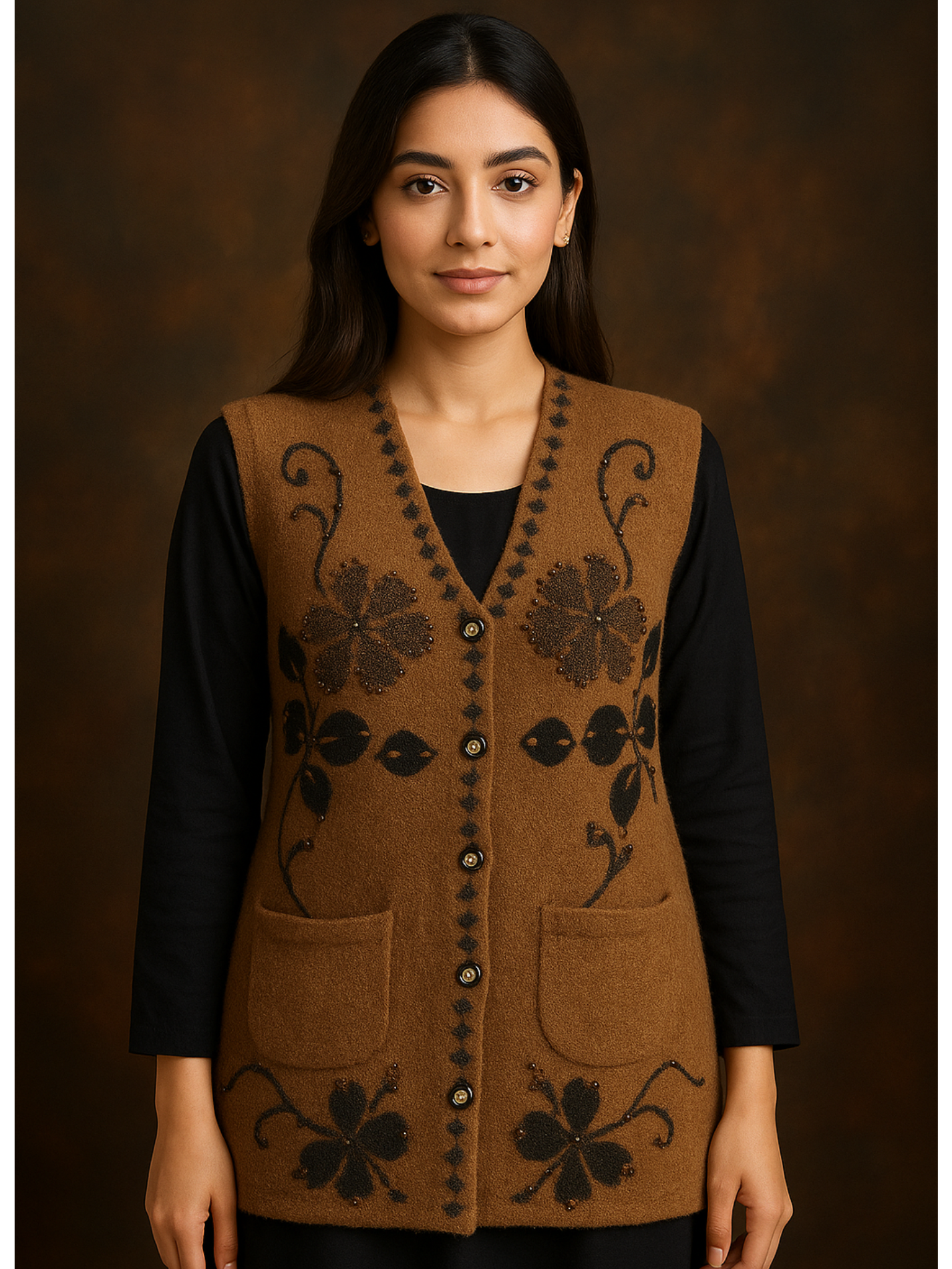 Camel Brown Woolen Sweater – Without Sleeves | Black Floral Embroidery