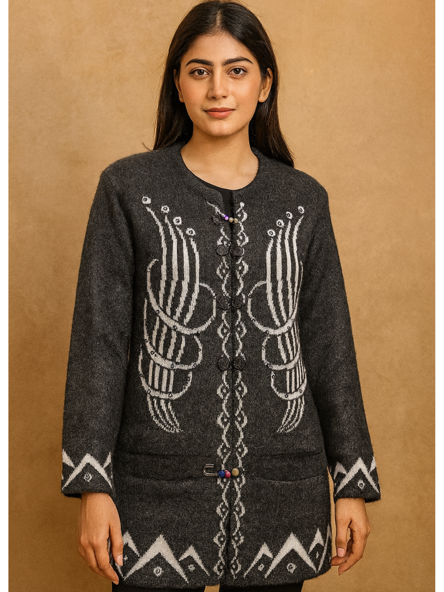 Charcoal Grey Woolen Sweater – Full Sleeves | White Embroidery & Beaded Front Detailing