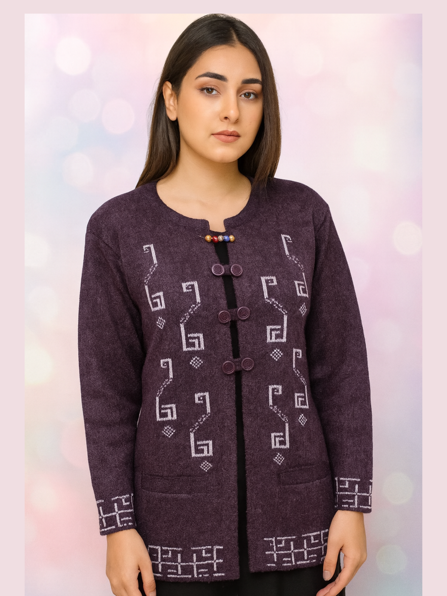 Embroidered Woolen Jacket for Women | Front-Open Winter Wear in Elegant Purple - Image 2