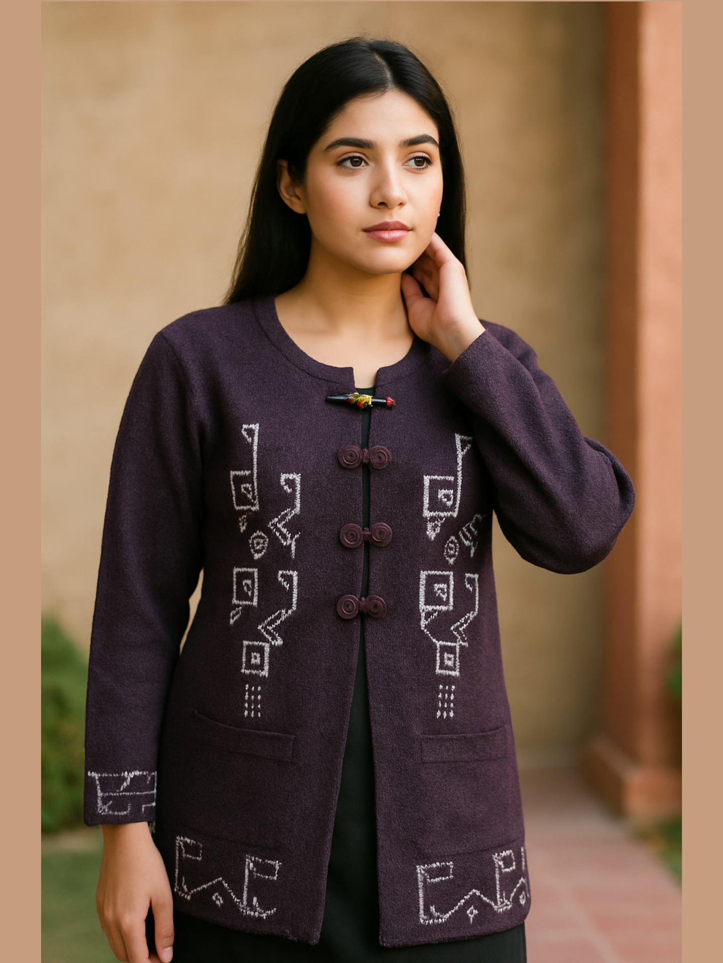Embroidered Woolen Jacket for Women | Front-Open Winter Wear in Elegant Purple