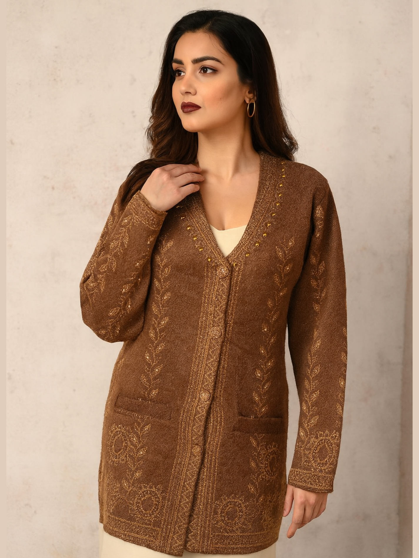 Golden Brown Wool Blend Cardigan | Full Sleeves with Handcrafted Floral Embroidery