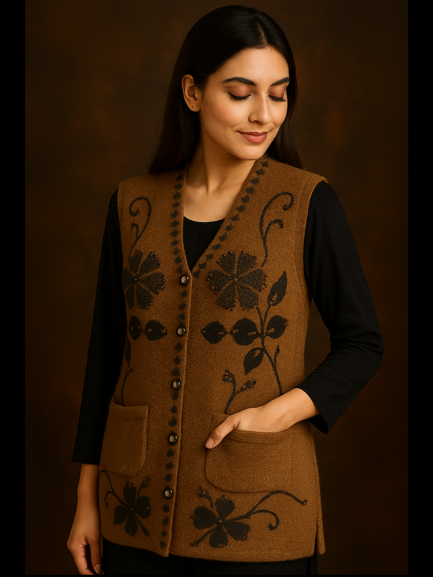Camel Brown Woolen Sweater – Without Sleeves | Black Floral Embroidery - Image 2