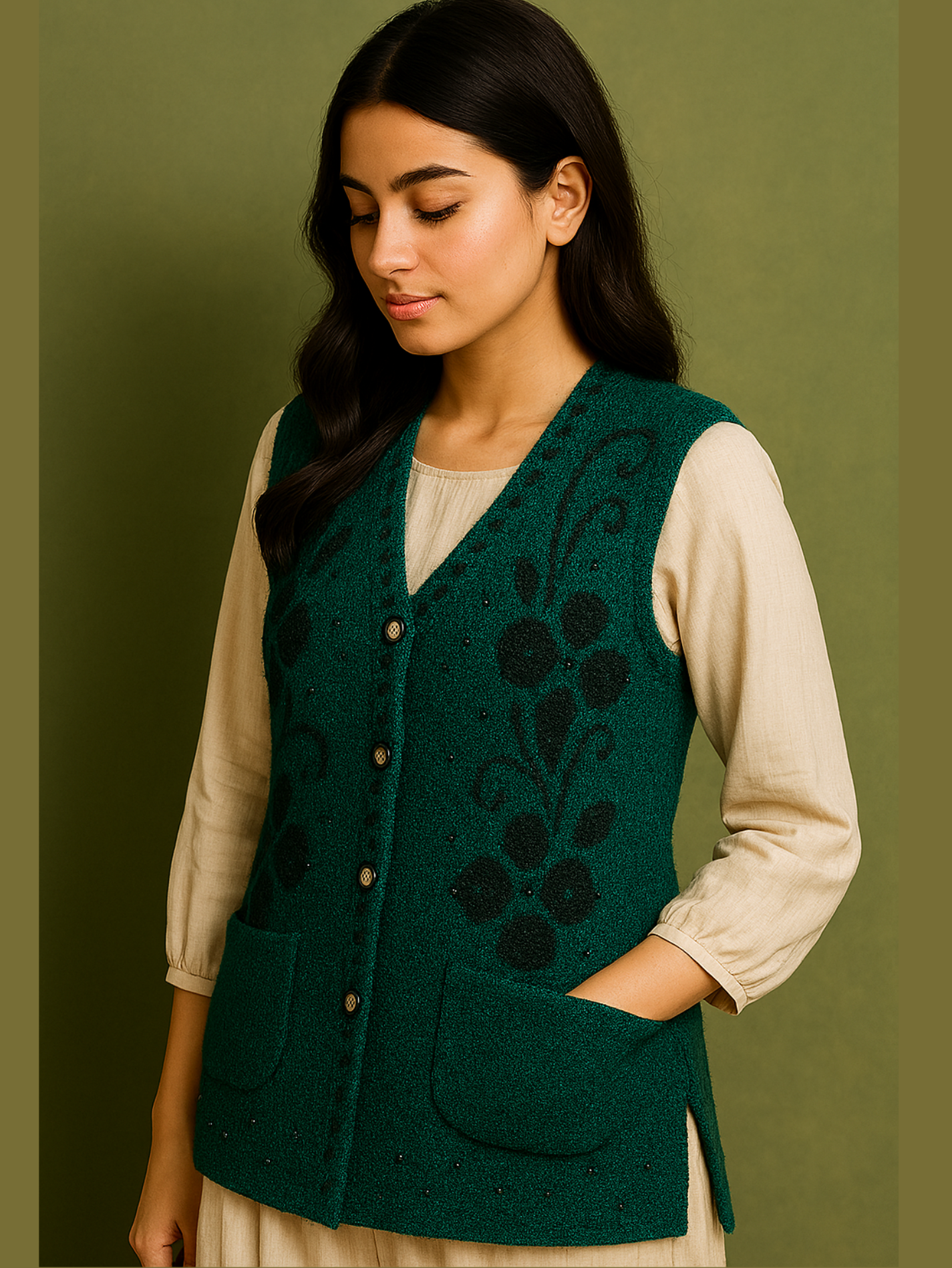 Dark Green Woolen Sweater – Without Sleeves | Black Floral Embroidery - Image 2