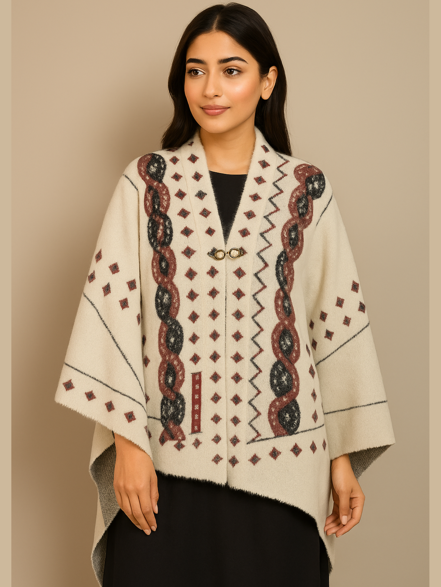 Ivory Woolen Sweater – Without Sleeves | Geometric Maroon & Charcoal Design - Image 2