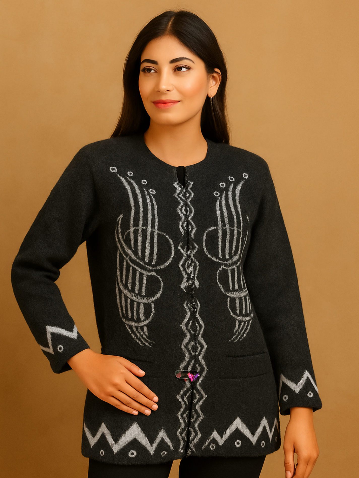 Charcoal Grey Woolen Sweater – Full Sleeves | White Embroidery & Beaded Front Detailing - Image 2