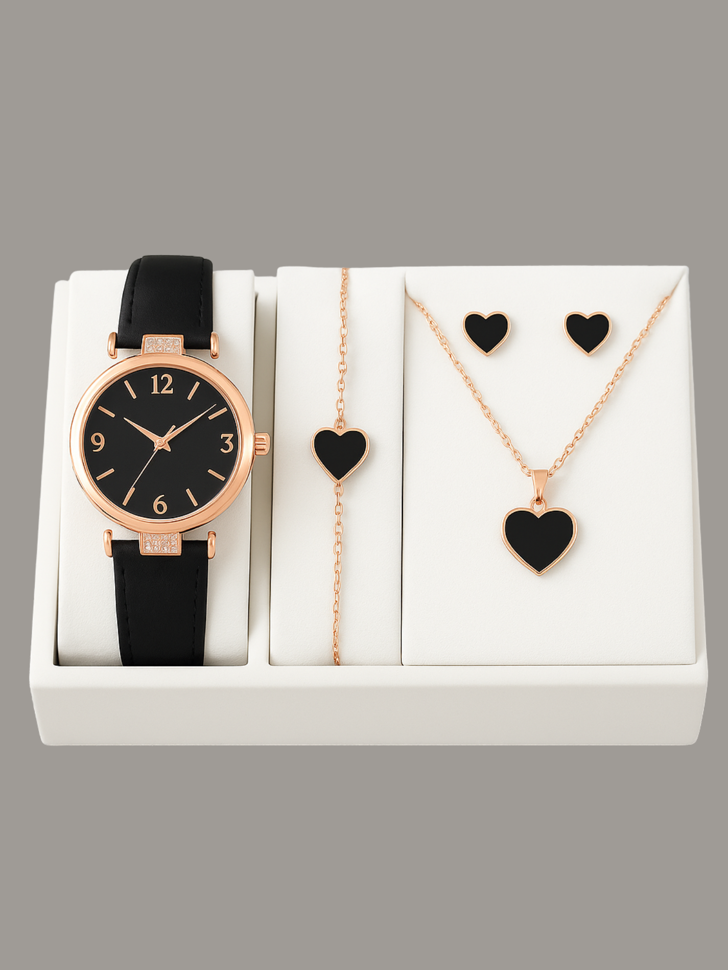 Black Heart Watch & Jewelry Set | Elegant 4-in-1 Gift Combo for Women β Rose Gold & Black