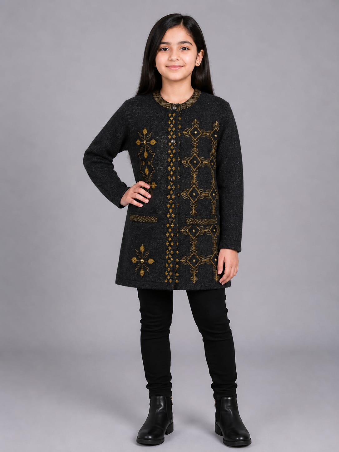 Black Embroidered Knit Wool Cardigan | Cozy Chic by Hafbazoo | Elegant Winter Wear