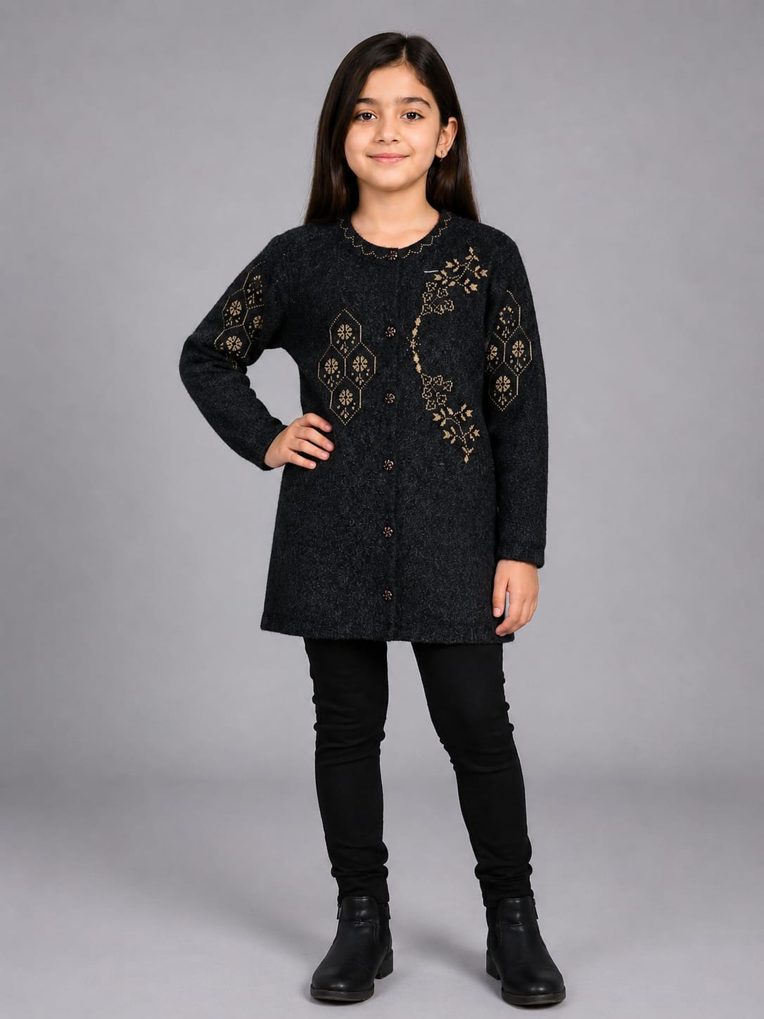 Black Golden Embroidered Knit Wool Cardigan | Cozy Chic by Hafbazoo | Elegant Winter Wear