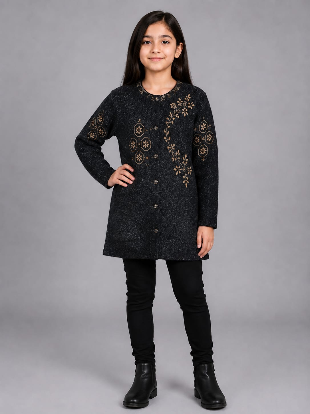 Black Embroidered Knit Wool Cardigan | Cozy Chic by Hafbazoo | Elegant Winter Wear