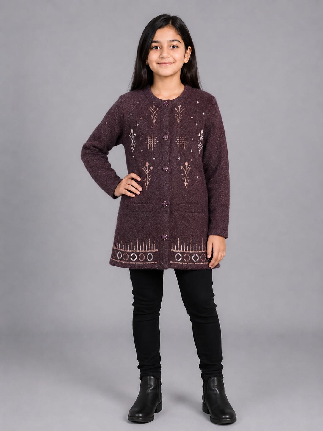 Chocolate Brown Embroidered Knit Wool Cardigan | Cozy Chic by Hafbazoo | Elegant Winter Wear