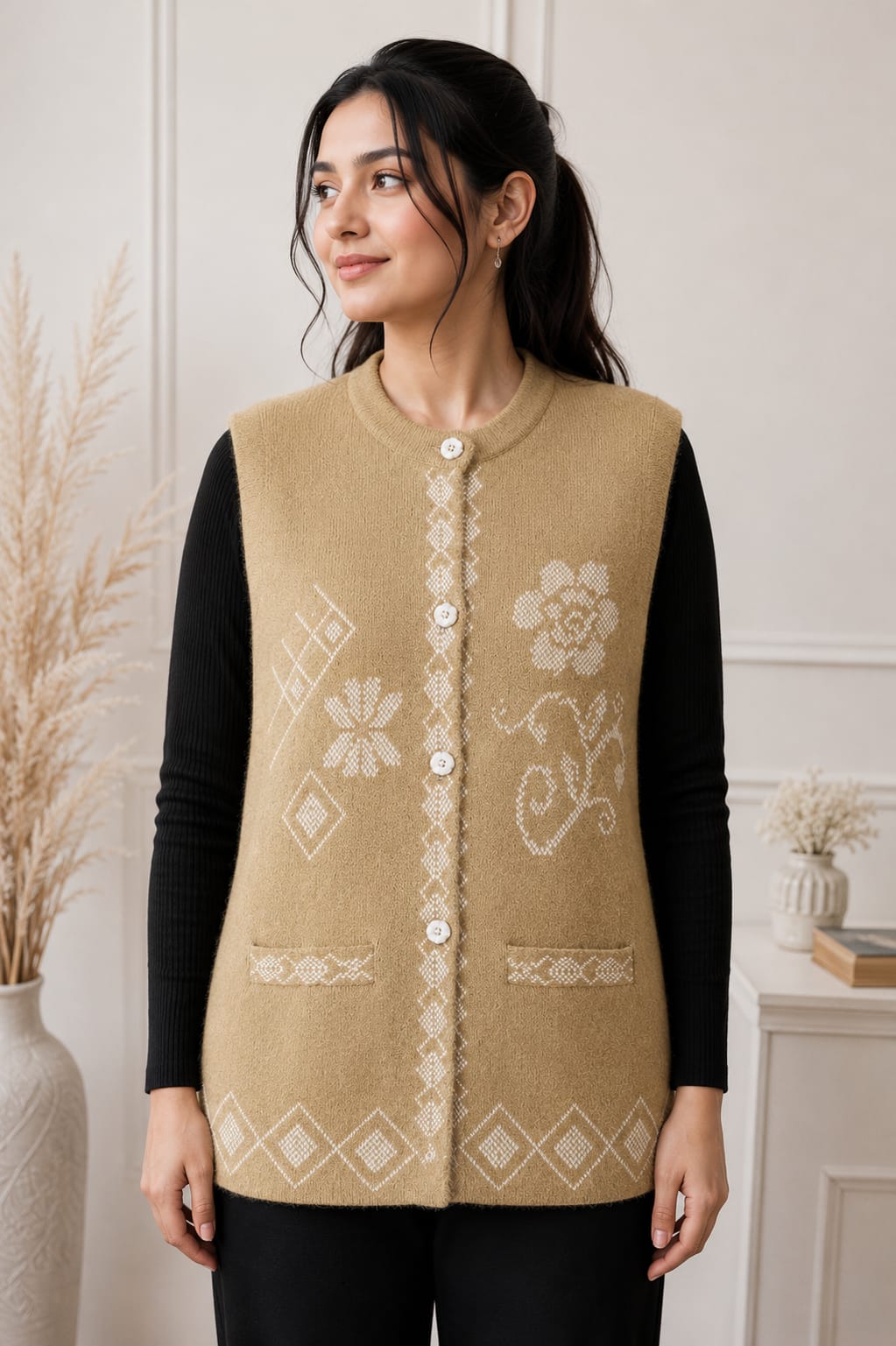 Camel Embroidered Sleeveless Sweater | Cozy Chic by Hafbazoo | Elegant Winter Wear