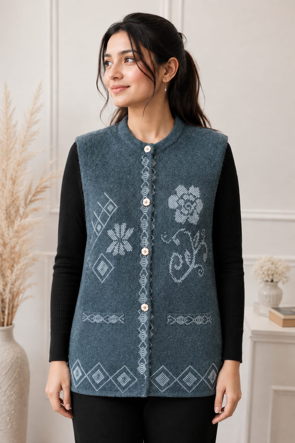 Denim Blue Embroidered Sleeveless Sweater | Cozy Chic by Hafbazoo | Elegant Winter Wear