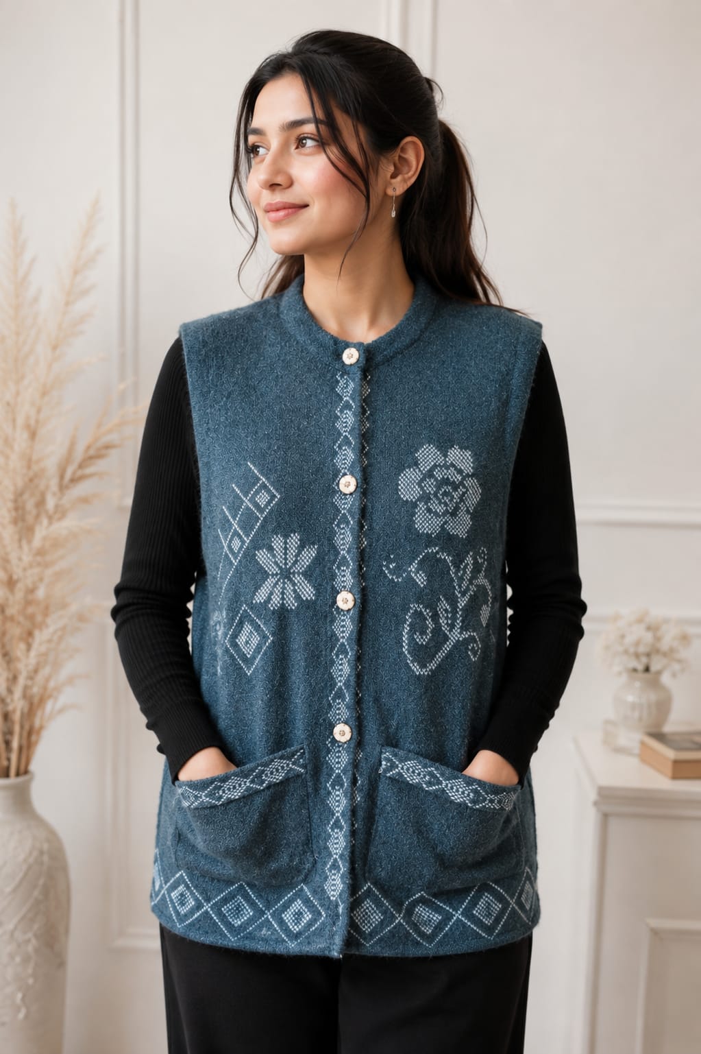 Teal Blue Embroidered Sleeveless Sweater | Cozy Chic by Hafbazoo | Elegant Winter Wear